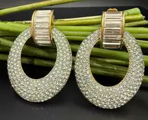 Vintage SAL Swarovski Baguette Pave Crystal Gold tone Door Knocker Clip Earrings