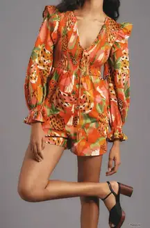 Anthropologie X Farm Rio Tropical Ruffle Sleeve Romper New With Tags