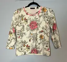 Valerie Stevens Silk Blend Floral Cream Cardigan Sweater Size Small Rhinestones