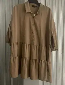 ✅Blu Pepper Tan Brown Drop Waist Causal Minimalist Sleeve work shirt dress