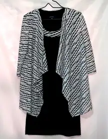 R&M WO SIZE 16 BLACK WHITE WAVE DESIGN DRESS WITH ATTACHED WATERFALL JACKET EUC