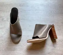 TIBI Bee Mules In Storm Gray Leather Peep Toe Block Heel Sandals Size 38 1/2 US8