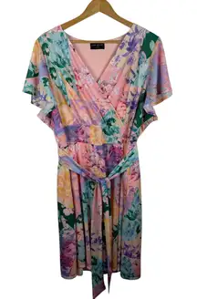 Lane Bryant Floral Dress Sz 18/20 Multicolor Pastel Patchwork Tie Waist Vibrant