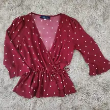 Blue Rain Red and White Polka Dot Half Sleeve Wrap Peplum Top Women's Size Small