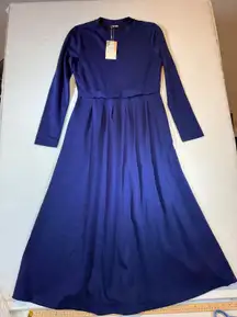 BTFBM Navy Blue Long Sleeve Maxi Dress Pleated Skirt Midi Length Size M