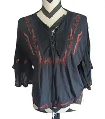 Lucky Brand Embroidered Lace-Up Peasant Top Blouse S Boho