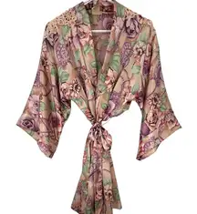 Vintage 90's Satin Floral Short Robe Kimono Lace Cottage Core Feminine Boho S