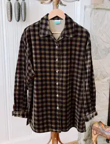 Vintage Velvet Gingham Plaid Oversized Button-Up Shirt