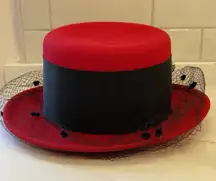 Vintage Viyella Wool Felt Hat Women Red Black Mesh Net Cover Church UK Guild