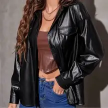 SHEIN Black Faux Leather Pocket Button Down Shirt XS