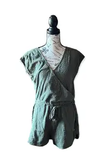 Roxy Womens  Green Size M Junior Surplice lace Crochet Drawstring Romper v neck