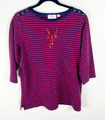 QUACKER FACTORY Striped 3/4 Sleeves Sequin Lobster Shoulder Accents Top Medium