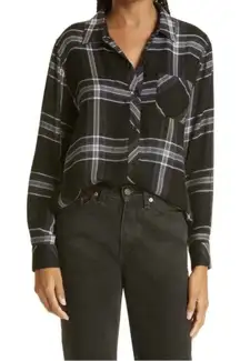 Rails Hunter Plaid Button Down Shirt Black Ivory Lurex Long Sleeve Women