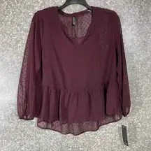 Massini NWT Women's Burgundy Boho Swiss Dot Peasant Blouse - Size Large - Sheer