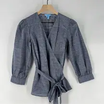 Draper James Size 4‎ Multicolor Polka Dot Lightweight Chambray V Neck Wrap Top