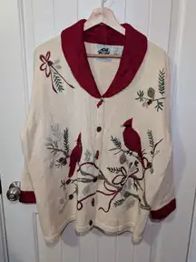 Vintage Storybook Knits Winter Cardinals Wool Blend Cardigan Women's 2X Cream