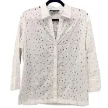 Jones New York Womens Button Up Blouse Size Large White Eyelet‎ Summer Coastal