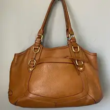 Tan Leather Shoulder Bag with Gold Hardware and Structured Shape