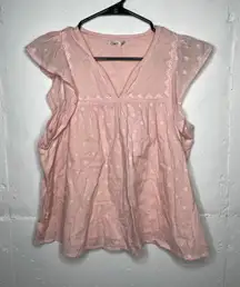 Faherty Womens Baby Pink Cotton Blouse Ruffle Short Sleeves Size Small