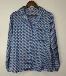 Anna Kay‎ Geometric Print Long Sleeve Button Up Pajama Top Blue Size L