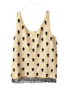 Vintage Ivory Cream Black Sequin Beaded Tank with Fringe Trim size medium