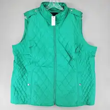 New Talbots Down Puffer Vest 2X Green Plus Preppy Quilted Fleece Lined