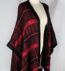 Buffalo Plaid Open Front Poncho Shawl Cardigan Sweater 1X Red Black Winter