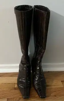 Bandolino  Brown Crock Print Leather Knee High Heel Boots Size 8-1/2