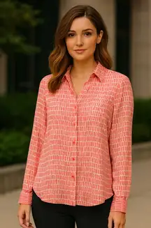 The Limited Ashton Coral Geometric‎ Print Blouse Size M Button Front Long Sleeve