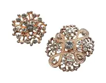 Rose Gold Tone Rhinestone Brooch Lot Of 2 Sparkly Floral Filigree Pins Jewelry