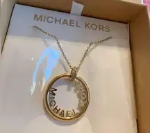 Michael Kors Necklace Gold Tone Circle Round Charm Logo Inside New In Box