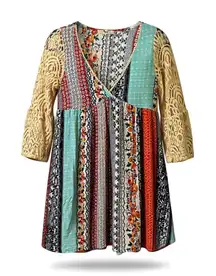 Military Hippie Women Patchwork Boho Babydoll Dress M Lace Cottagecore Festival
