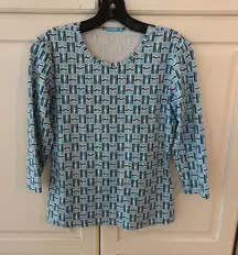 J. McLaughlin Womens‎ Top S Blue Geometric Print 3/4 Sleeve Stretch Knit