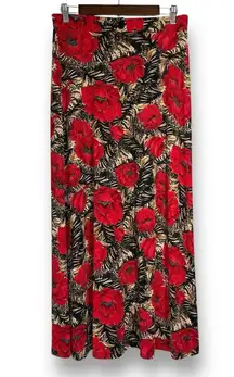 Vintage Y2K Maxi‎ Skirt L Red Floral Tiger Animal Print Slinky Stretch Pull On