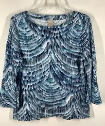 Chico's Women's Bell Sleeve Petite Cool-Toned Wave-Print Top Blue Medium NWOT