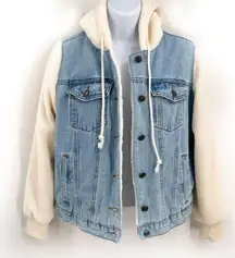 Two Tone Spliced Sherpa Fur Denim Hoodie Jacket Coat Small FLAW