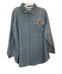 POOH DISNEY Blue Button Down Shirt with Woven Texture and Long Sleeves