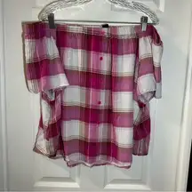 Paper Tee Pink Plaid Off The Shoulders Short Sleeve Blouse size 2X