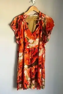 Marie Oliver Orange Ruffle V-Neck Short Sleeve Plated Mini Dress Size Small