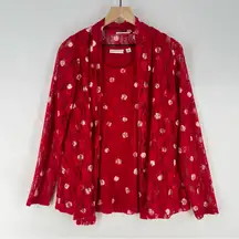 Susan‎ Graver Red Lace White Polka Dot Scoop Neck Tank Sheer Open Cardigan Set