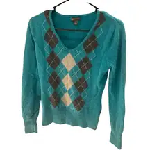 Apt 9 cashmere Argyle V-Neck Sweater - Teal size medium Y2K