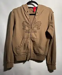 VTG Y2K‎ Mossimo Womens L Brown Full Zip Hoodie Jacket Studded Fleur De Lis 00s