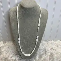 Vintage White Glass Bead Long Necklace Round and rectangle Shaped Beads 30"