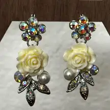Cream rose rhinestone faux pearl drop earrings