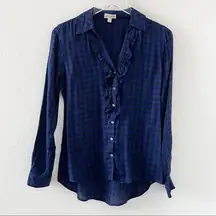 Maison Jules Royal Cobalt Blue Buffalo Plaid Ruffle Button Down S