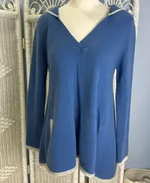 Subtle Luxury Cashmere Hoodie S/M Blue Gray Trim Soft Cozy Lounge Sweater Flawed