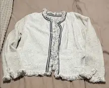 Chic Cream with Blue Trim Tweed Jacket with Fringe Trim