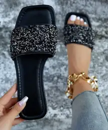 New. Elegant Black Beaded Women's Casual Slide Sandals– Comfortable