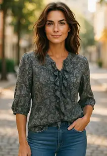 Denim & Supply Womens Blouse Size XS Ralph Lauren Lace Up Paisley Ruffle‎ Poet