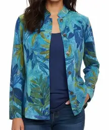 Chico's Teal Blue Leaf Floral Cotton Spandex Jacket Blazer Sz 2 Large 12‎